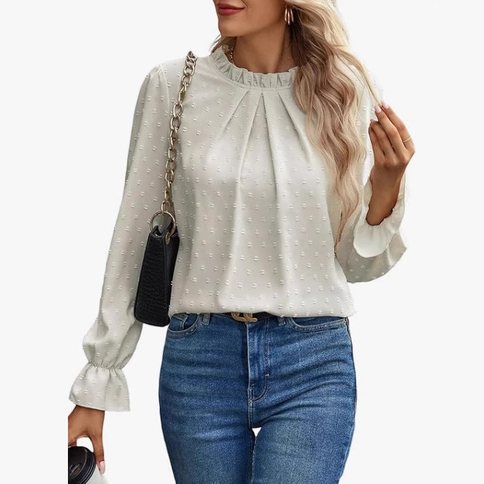 Dame elegant bluse med flæsedetaljer og prikket stof Stilla