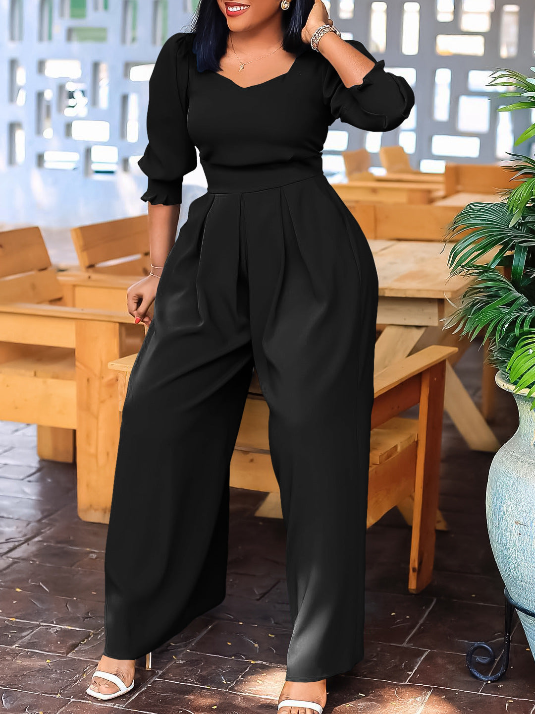 Dame Elegant Jumpsuit med lange ærmer og taljering Stilla