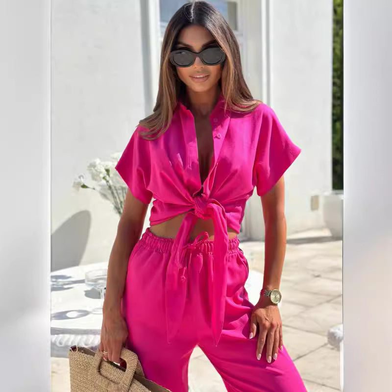 Dame Cropped Krawatte-Front Knap-Up Sæt Stilla