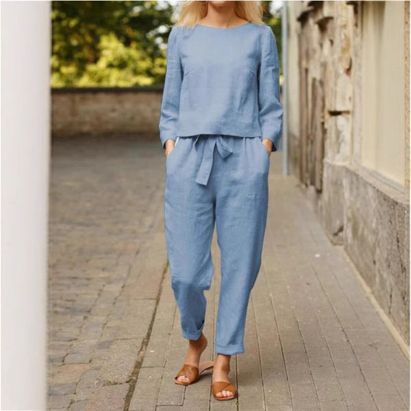 Dame afslappet linnedragt sæt med høj talje og taljehjælp Stiila