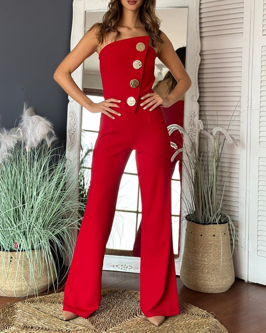 Dame Elegant skåret Jumpsuit med asymmetrisk overdel og gyldne knapdetaljer Stilla