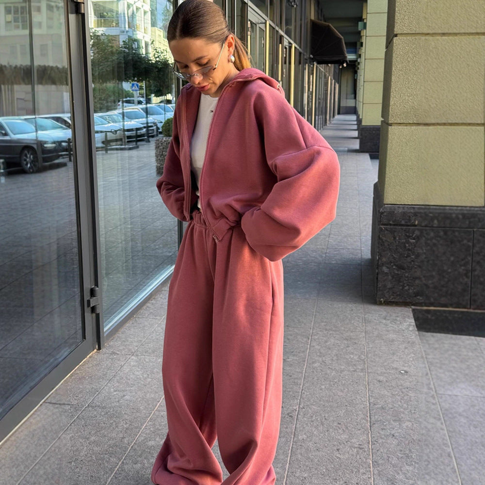 Dame afslappet fleece-sæt med lynlås og elastisk talje Stilla