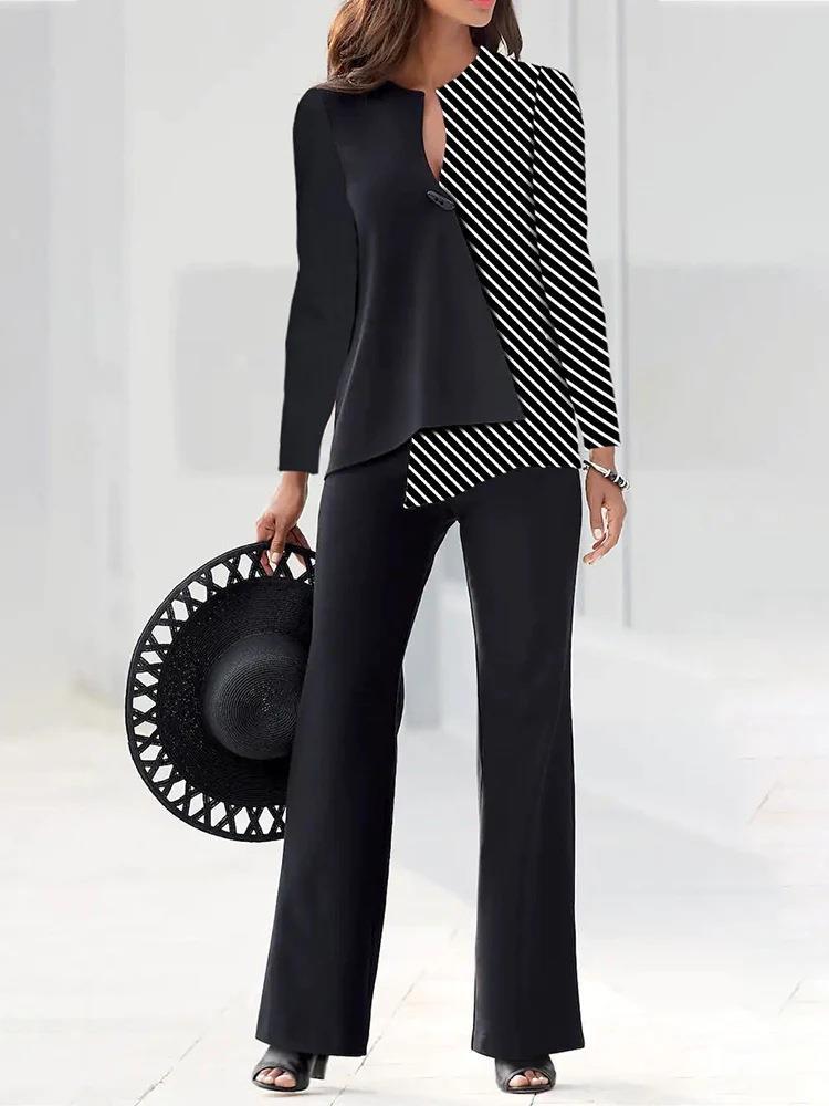 Dame elegant blazer sæt med asymmetrisk snit og stribet mønster Stilla
