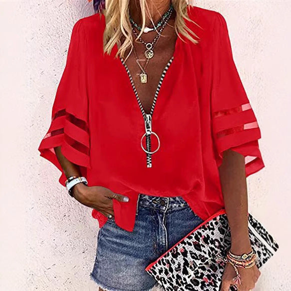 Dame afslappet bluse med justerbar lynlås og gennemsigtige ærmer Stilla