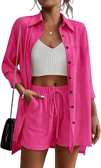 Dame afslappet linned sæt med korte bukser og skjorte Stilla