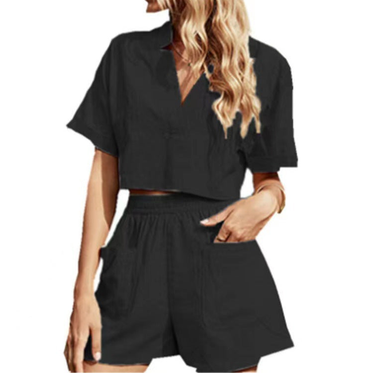 Dame afslappet kortærmet sæt med elastisk talje og praktiske lommer Stilla