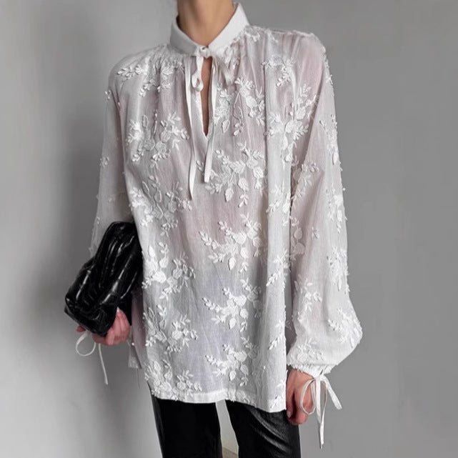 Dame Elegant Bluse med blomsterbroderi og rynker Stilla