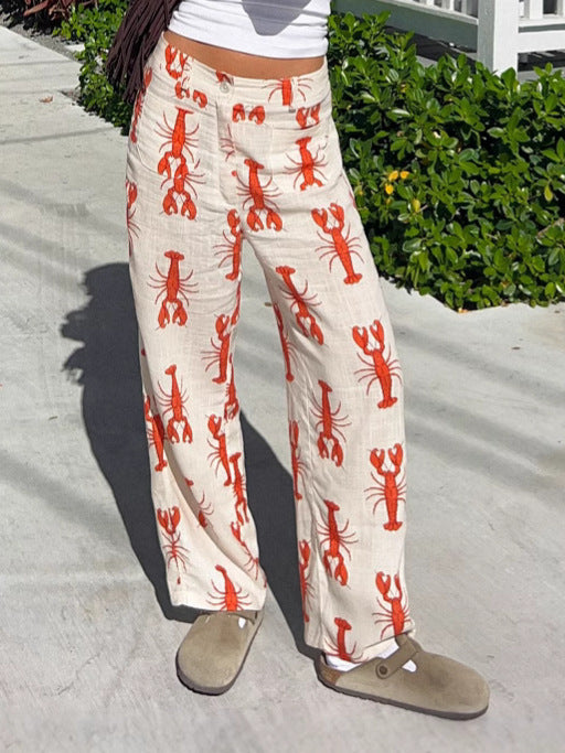 Dame afslappede linnedbukser med maritim hummermotiv og løs pasform Stilla
