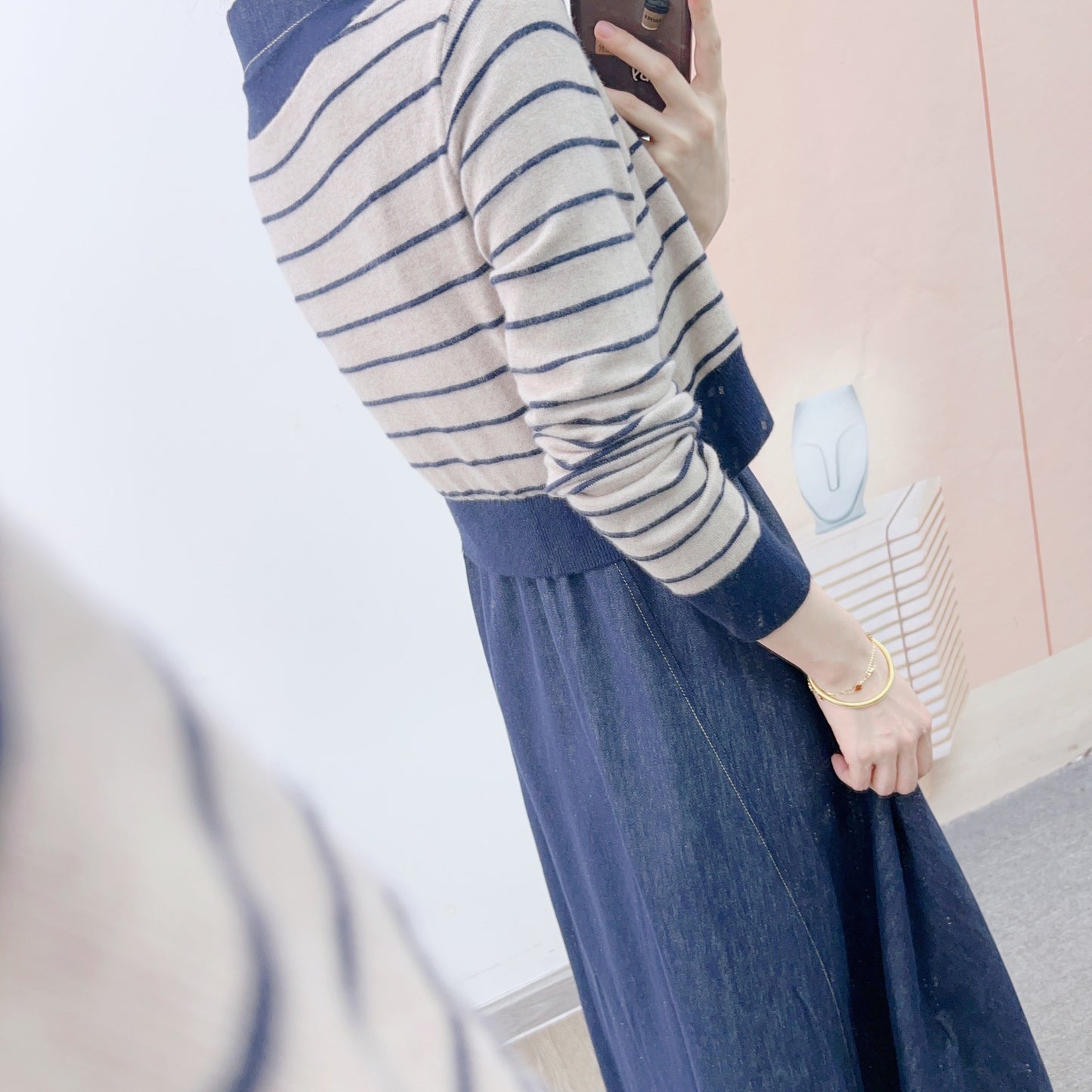 Dame Denim Maxikjole med kombineret Cardigan og taljerbar talje Stilla