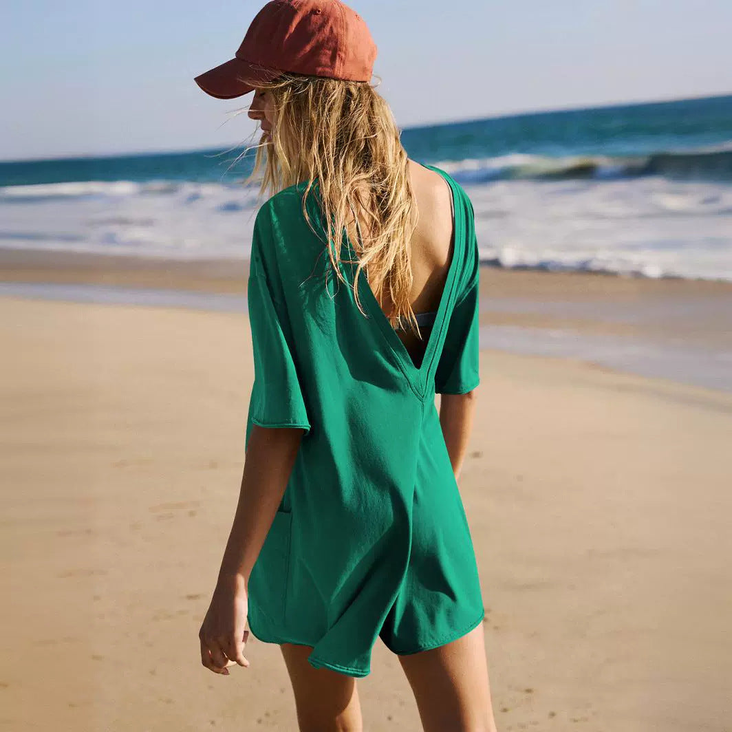 Dame afslappet strandkjole med praktiske sidelommer og rund halsudskæring Stilla