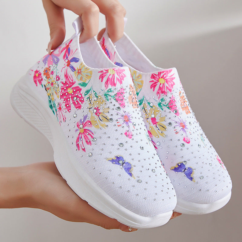 Dame elastiske slip-on sneakers med glitrende detaljer og blomstret design Stilla