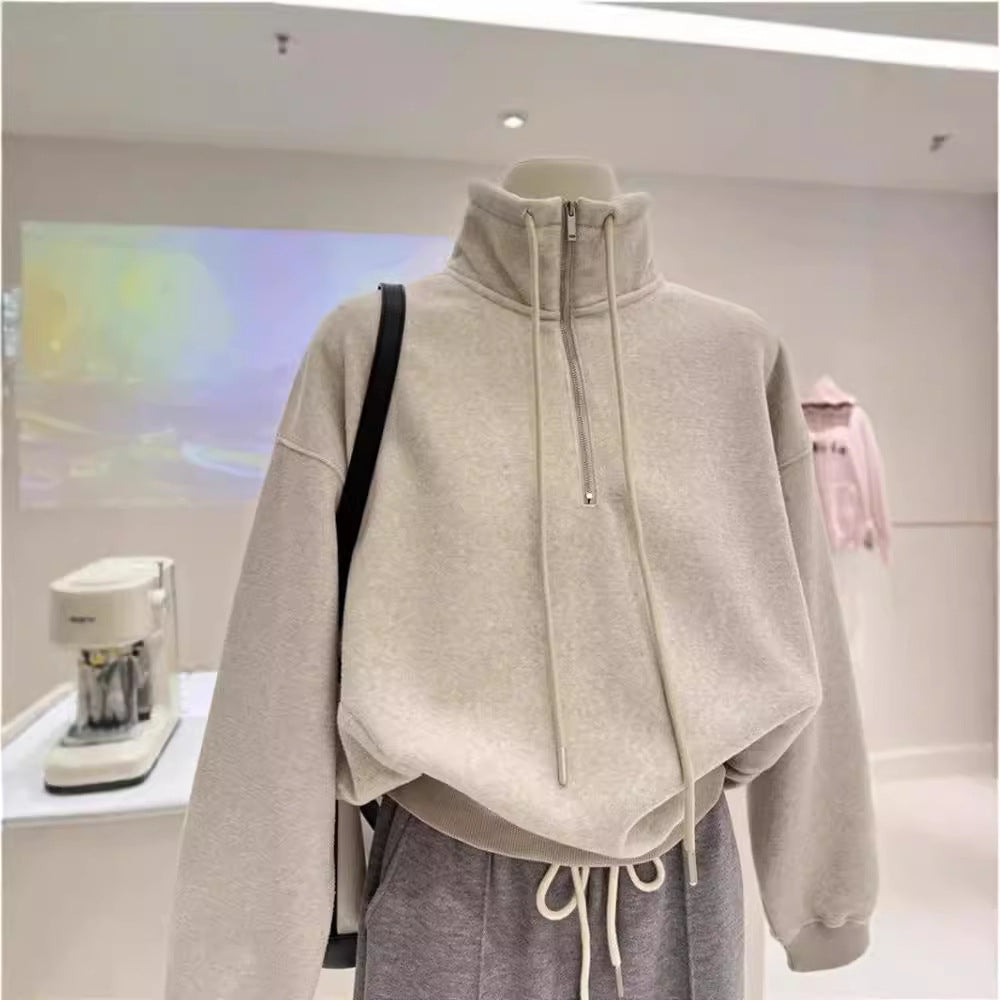 Dame Cropped Zip-Up Fleece Hoodie med justerbar snor Stilla