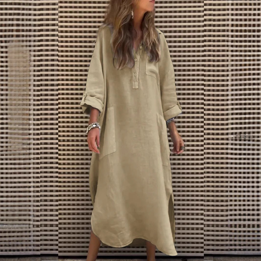 Dame afslappet skjortekjole med sidelommer og opfoldelige ærmer Stilla