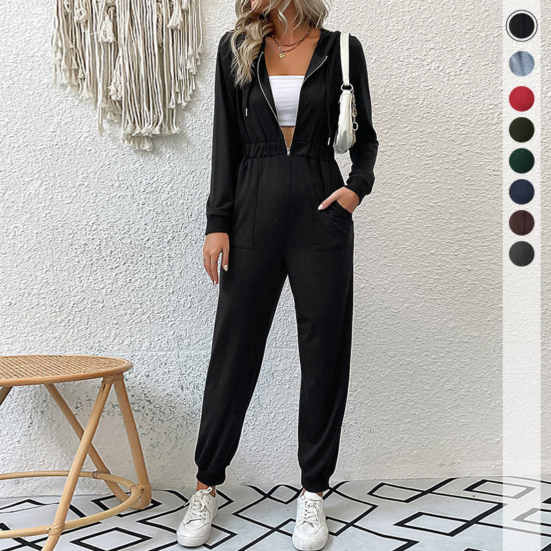 Dame casual jumpsuit med praktisk lynlås og elastisk taljebånd Stilla