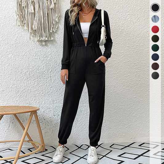 Dame casual jumpsuit med praktisk lynlås og elastisk taljebånd Stilla