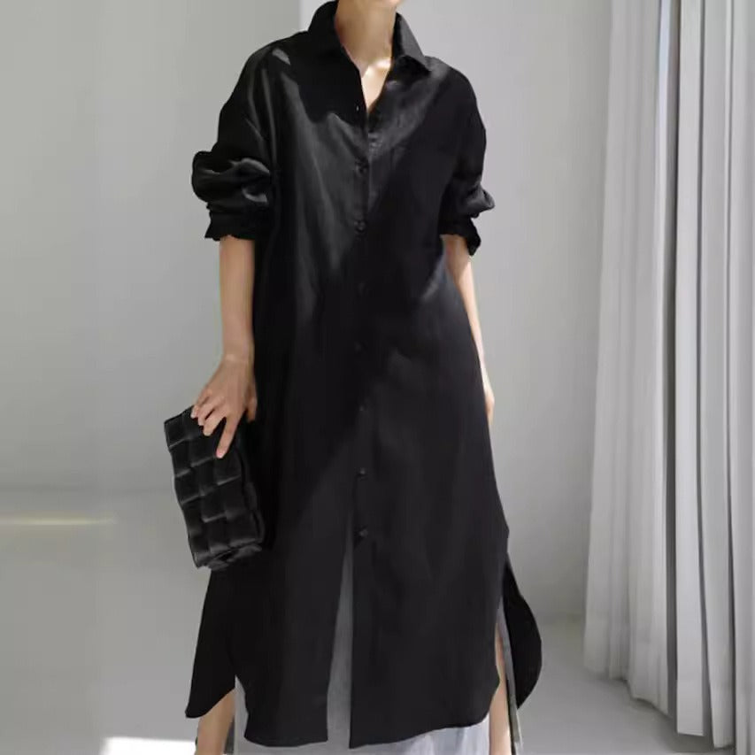 Dame Oversized Skjortekjole med side Slids og fin Linnedstruktur Stilla