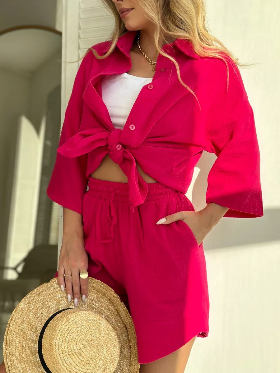 Dame afslappet kortærmet skjorte og shorts sæt med elastisk talje Stilla