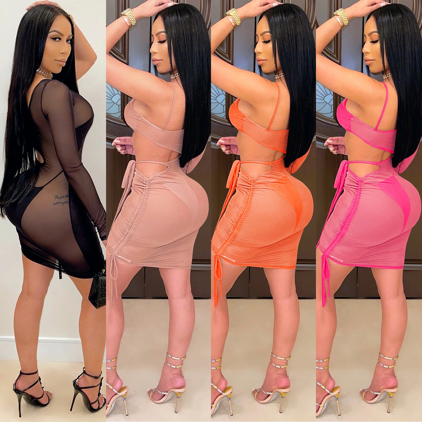 Dame Cut-Out Minikjole lavet af gennemsigtigt mesh med raffineret snøring Stilla