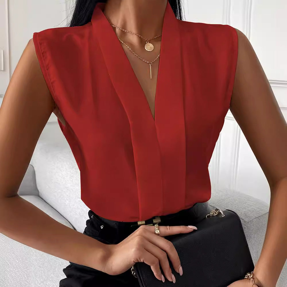 Dame elegant bluseshirt med dyb V-udskæring og glat fald Stilla