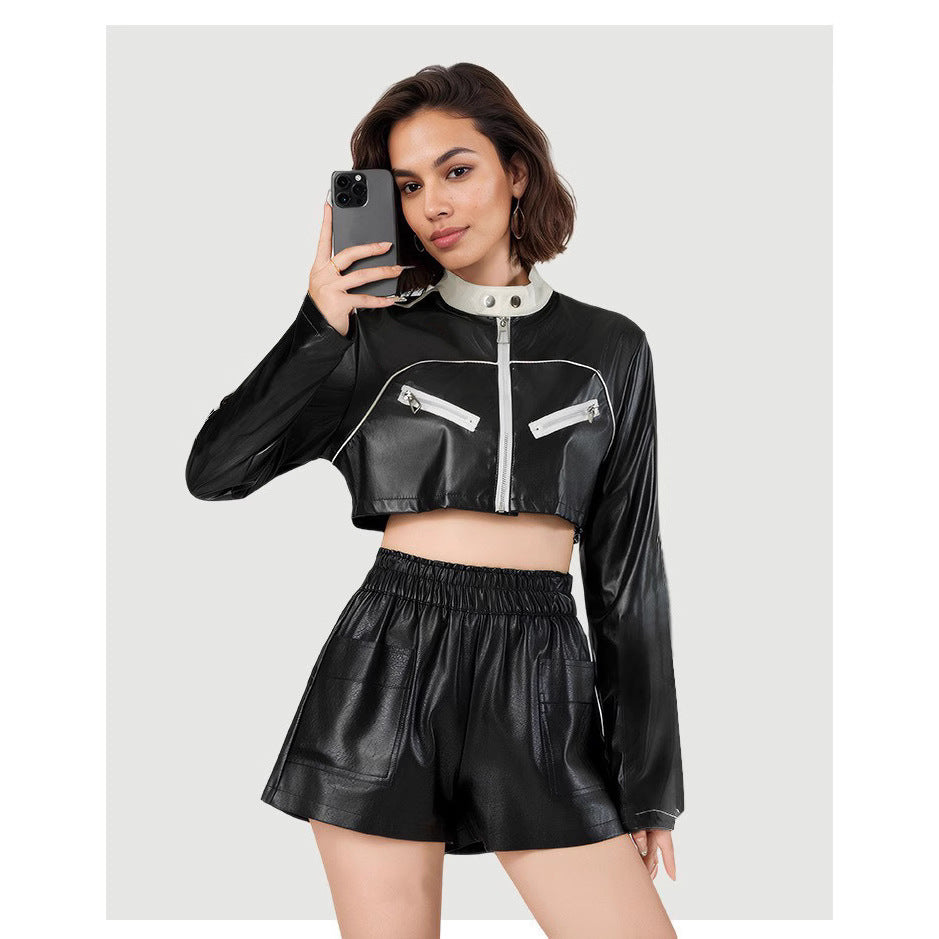 Dame cropped kunstlæderjakke med kontrasterende krave og lynlåslommer Stilla