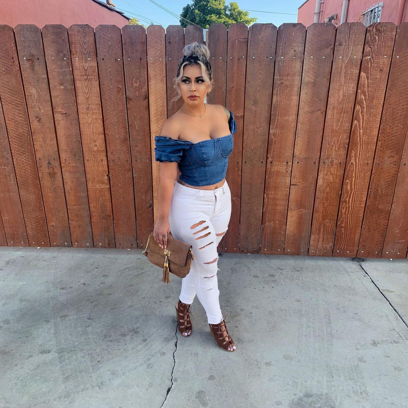 Dame cropped jeansbluse og skrå bukser Stilla