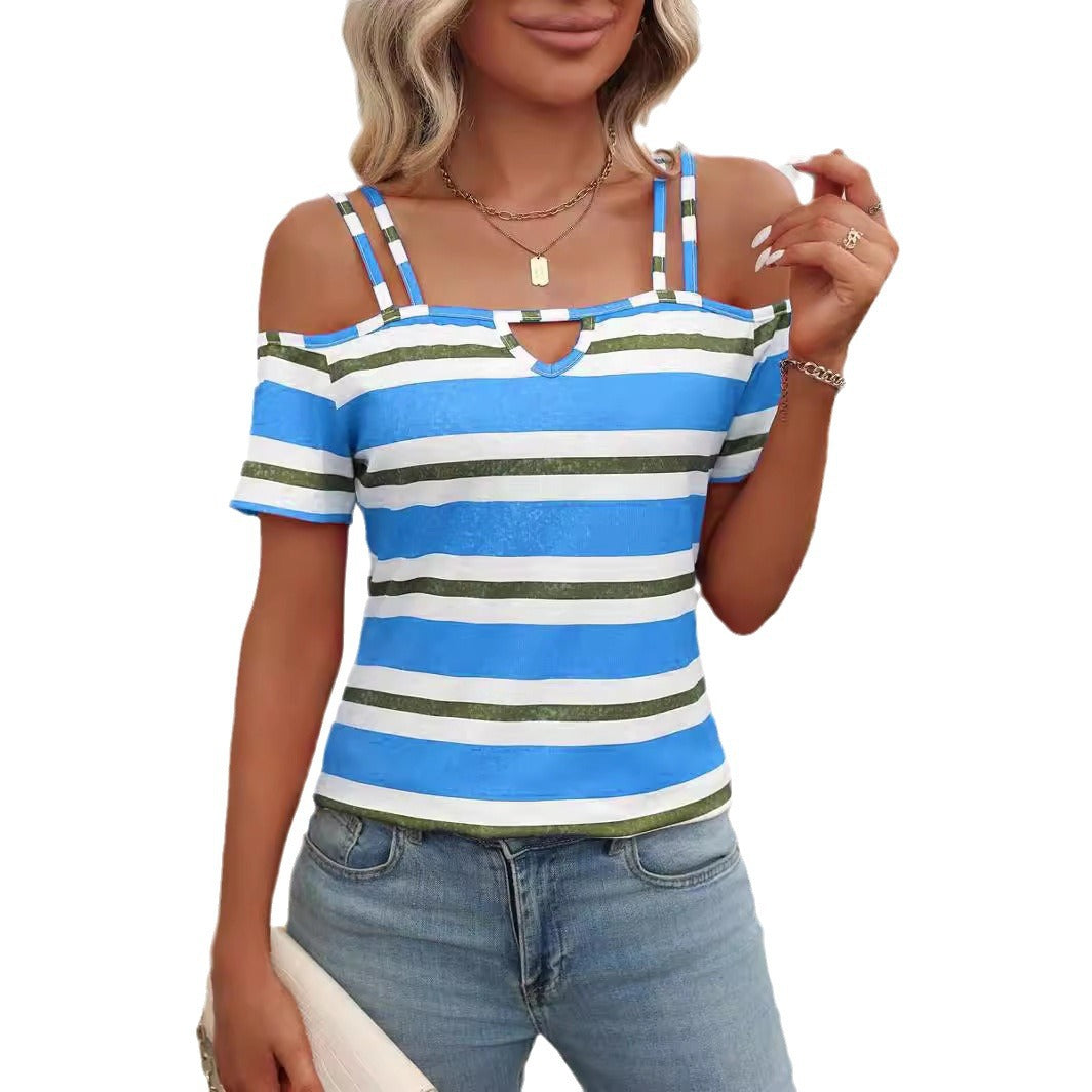 Dame afslappet kortærmet skjorte med skulderfri udseende og stribet design Stilla