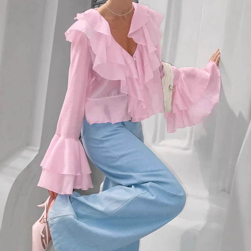 Dame elegant flæsebluse med flydende snit Stilla