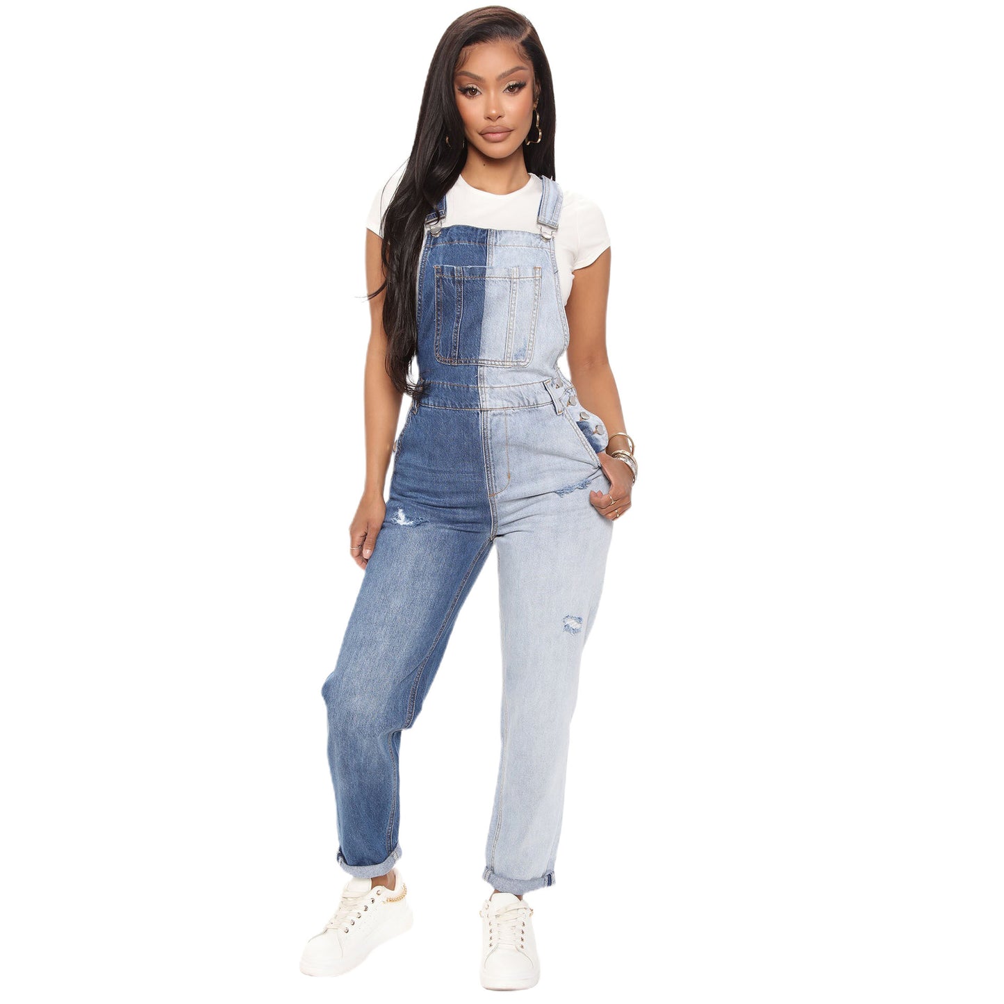 Dame Denim-Overalls i moderigtigt Colorblock-design med praktiske lommer Stilla