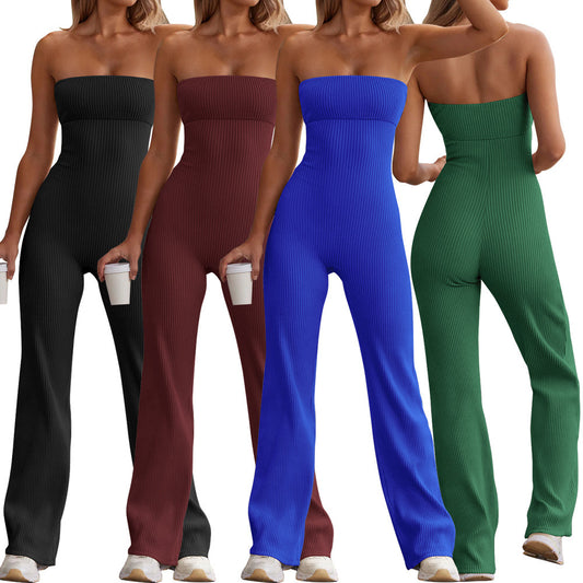 Damer stilfuld langbenet jumpsuit med ribbet design og off-shoulder snit Stilla