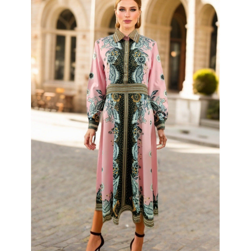 Dame Elegant Blomstret Trykt Maxi Skjortekjole Stilla