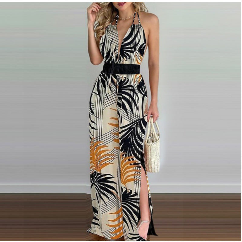 Kvinder Bohemian Halterneck Maxi Jumpsuit med siden slids Stilla