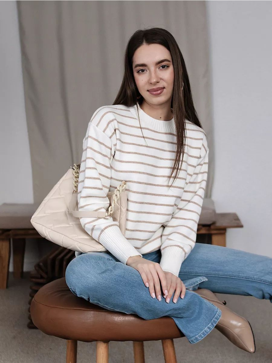 Dame afslappet stribepullover med bred pasform og højhalset rundhalsudskæring Stilla