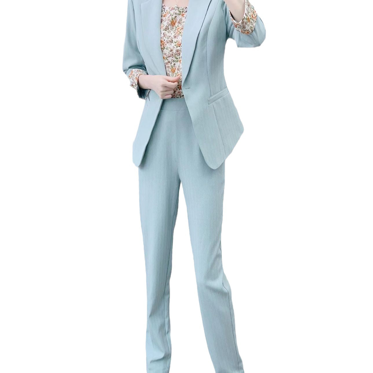 Dame Elegant Blazer-Bukser-Sæt med blomsteret top og moderne detaljer Stilla