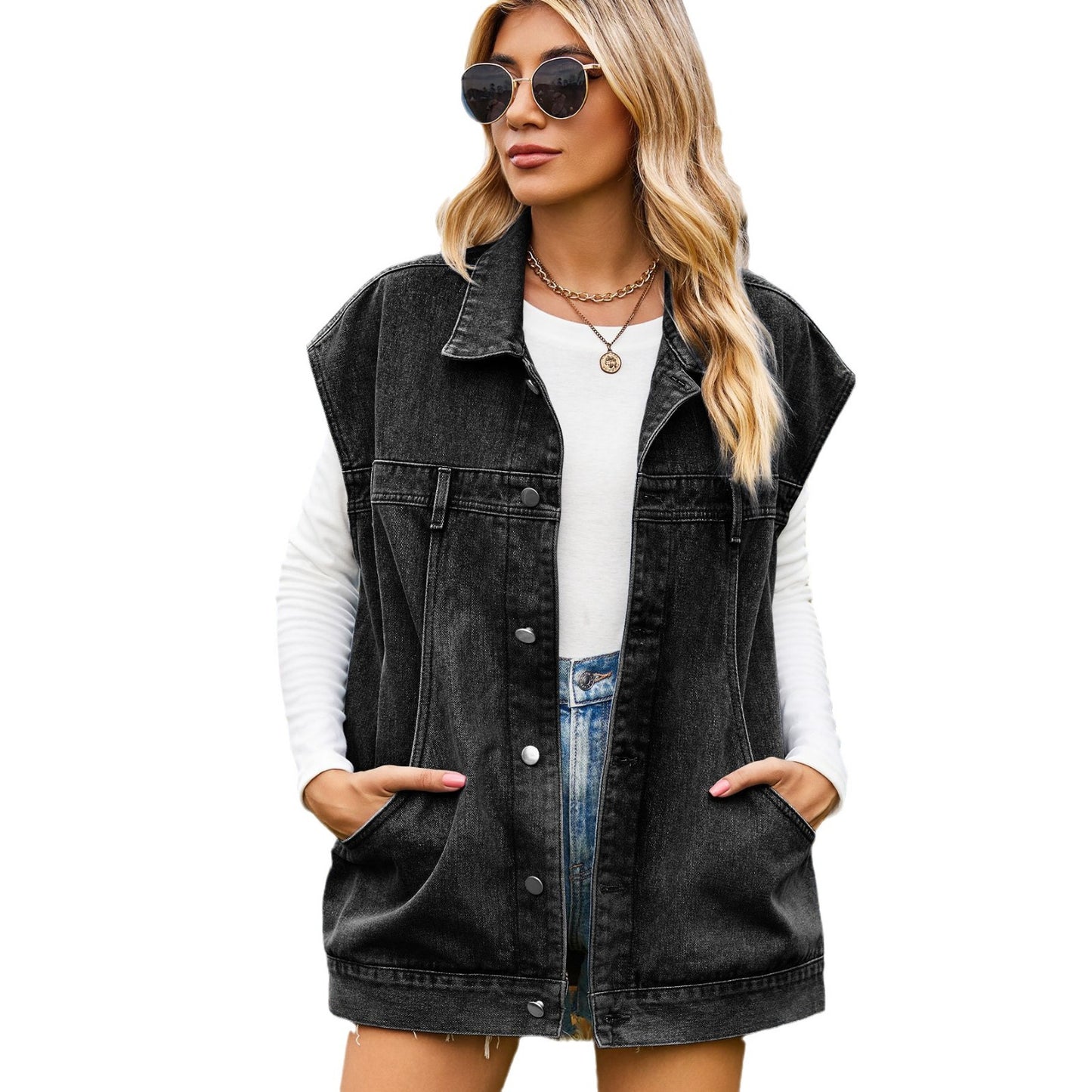 Dame Denim-vest i moderne oversized stil med praktiske lommer Stilla