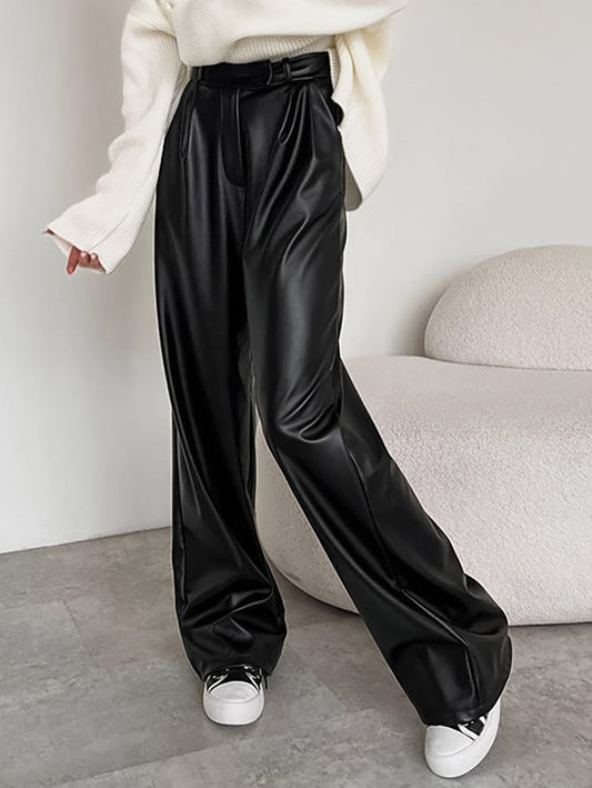 Dame Elegant Høj Talje Kunstlæderbukser med Bred Ben og Bælte Stilla