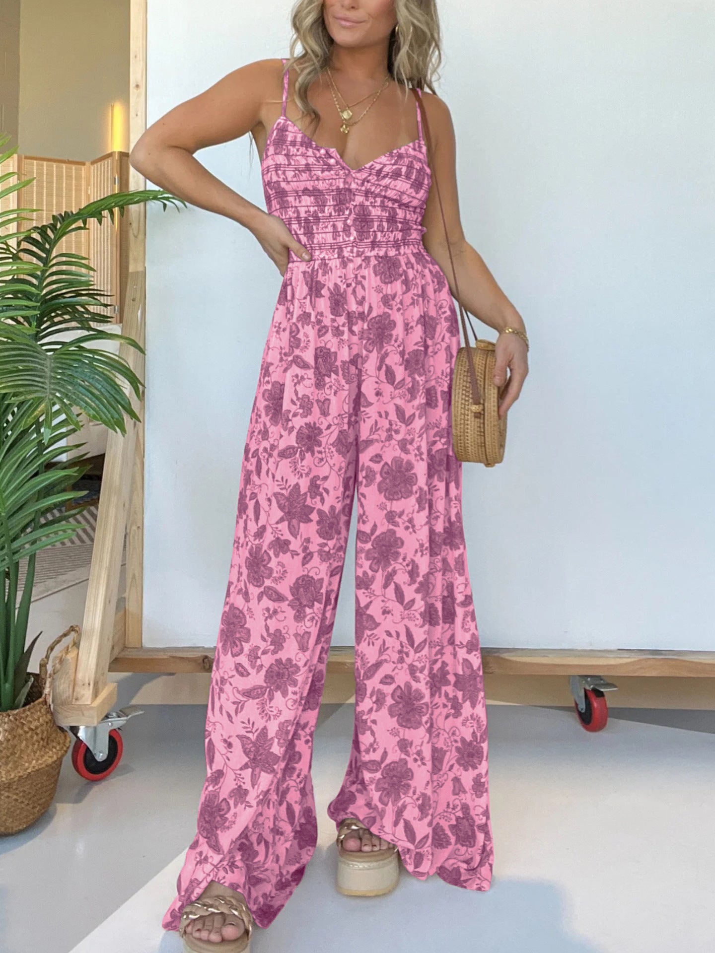 Dame luftig jumpsuit med blomstermønster og elastisk talje Stilla