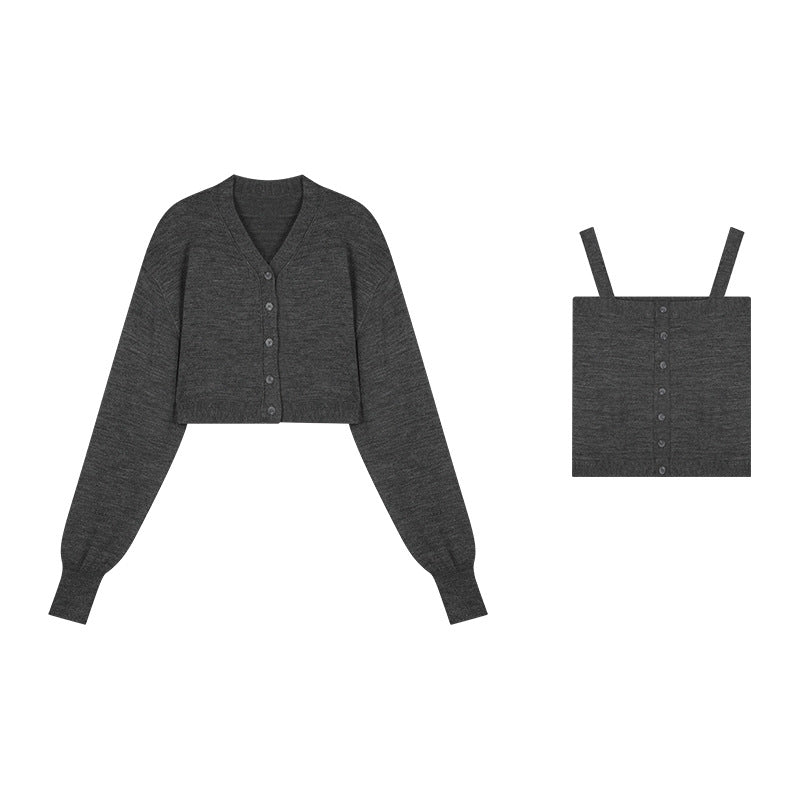 Dame cropped strikjakke med knapbar V-udskæring og lang arm Stilla