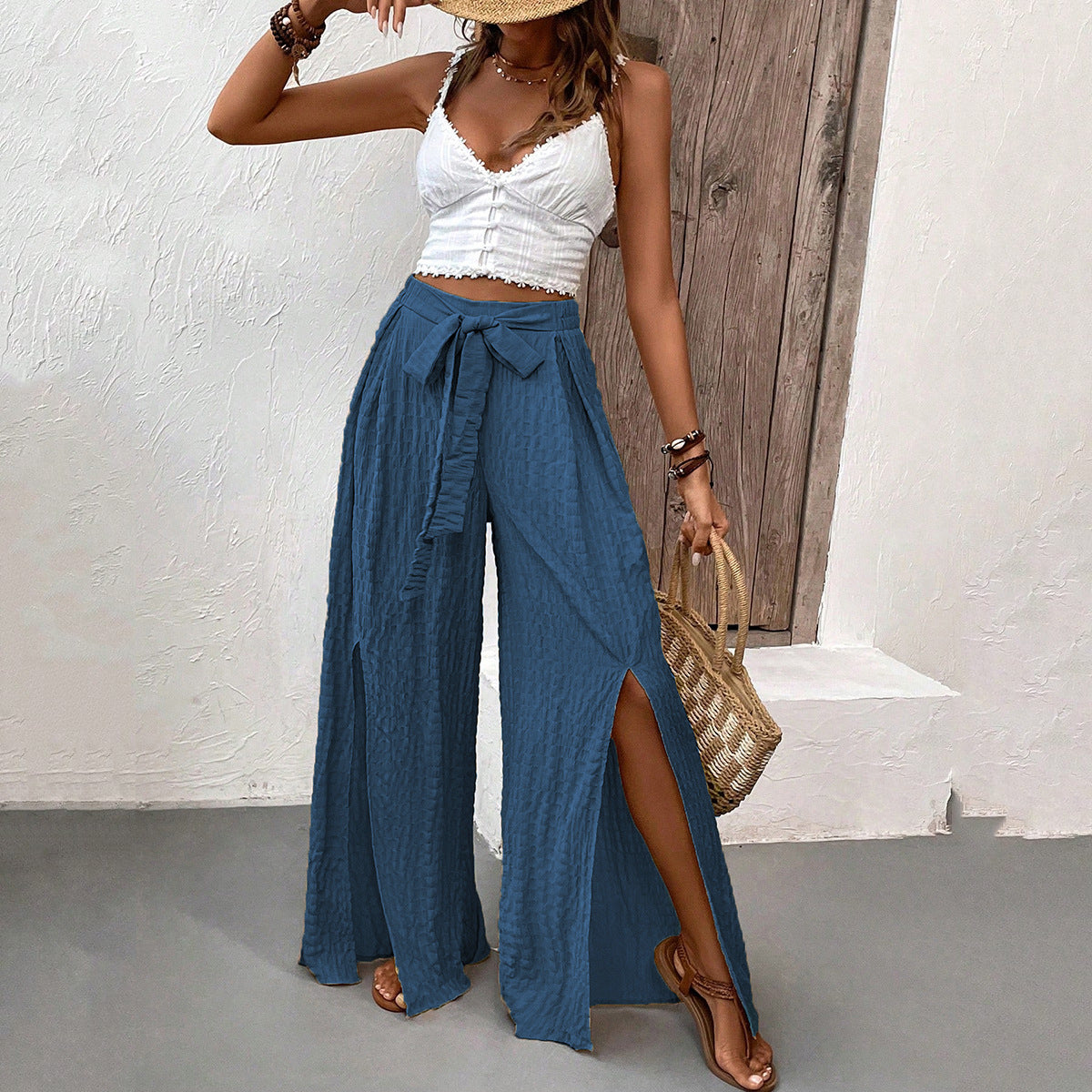 Dame elegant bred sommerbukser med sideløsning og bindebånd Stilla