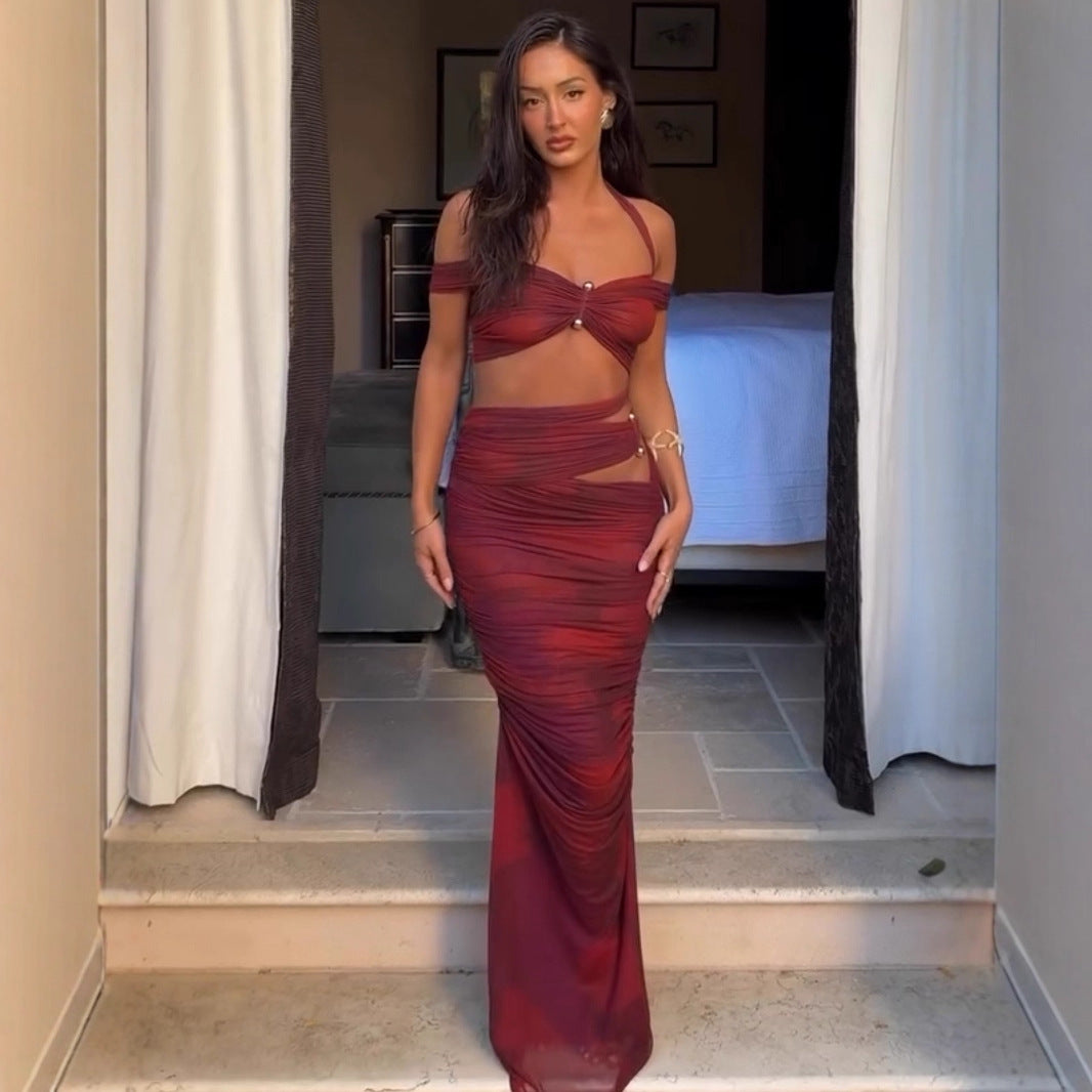 Dame Elegant Indpakningsoverdel med Højtsluttende Skørtparti Stilla