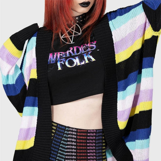 Dame Åben Strikjakke med farverigt stribemønster og løs pasform Stilla