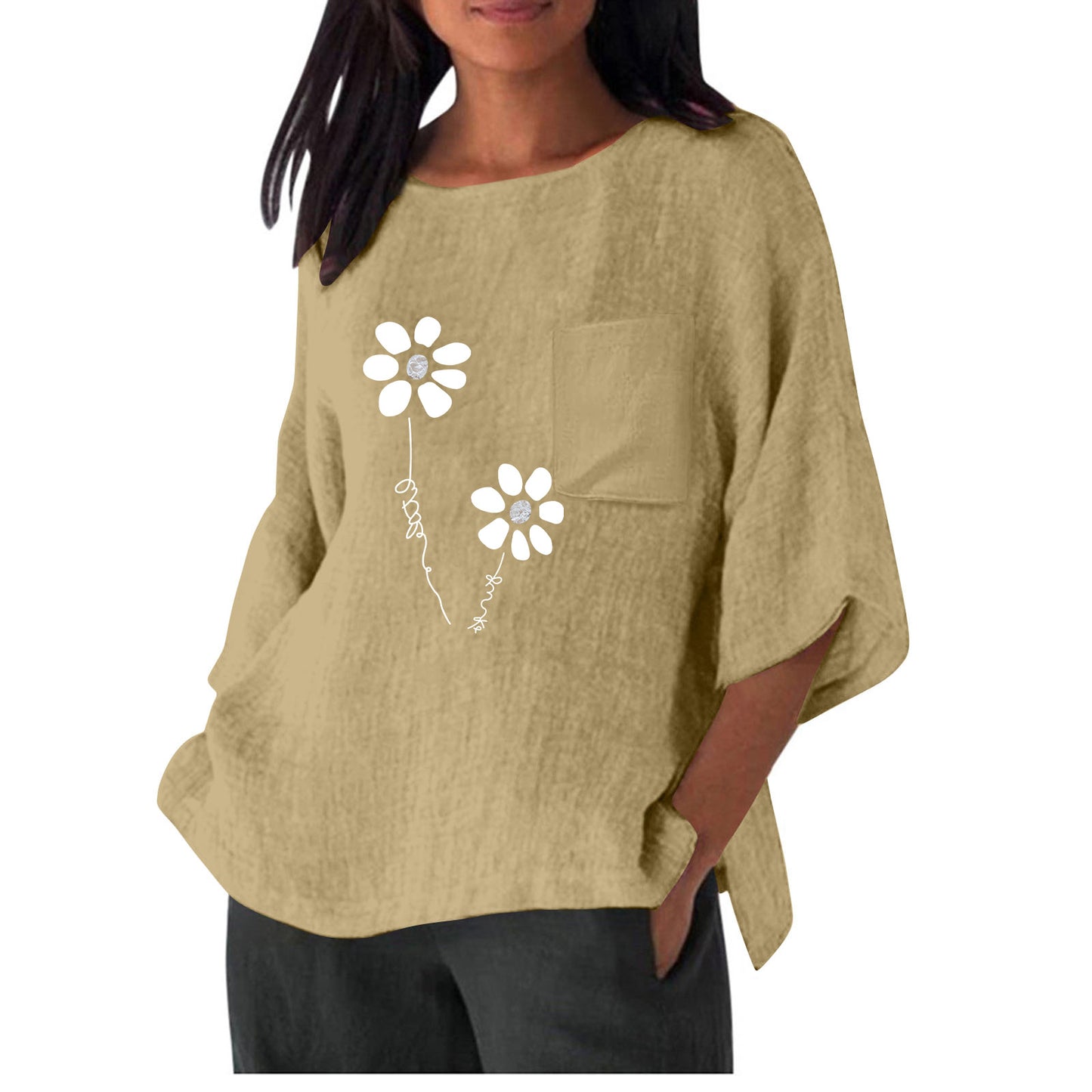 Dame afslappet bluse t-shirt med unik blomsterprint og praktisk brystlomme Stilla