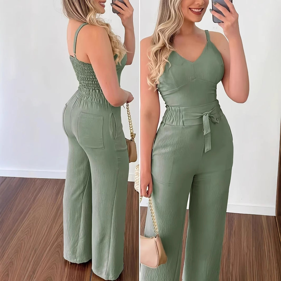 Dame bredskåret jumpsuit med justerbart taljebælte Stilla