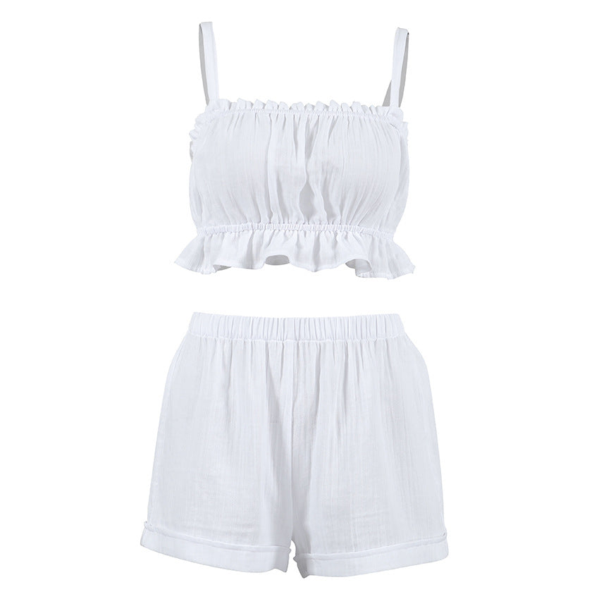 Dame afslappet overdel og shorts sæt med flæse detaljer Stilla