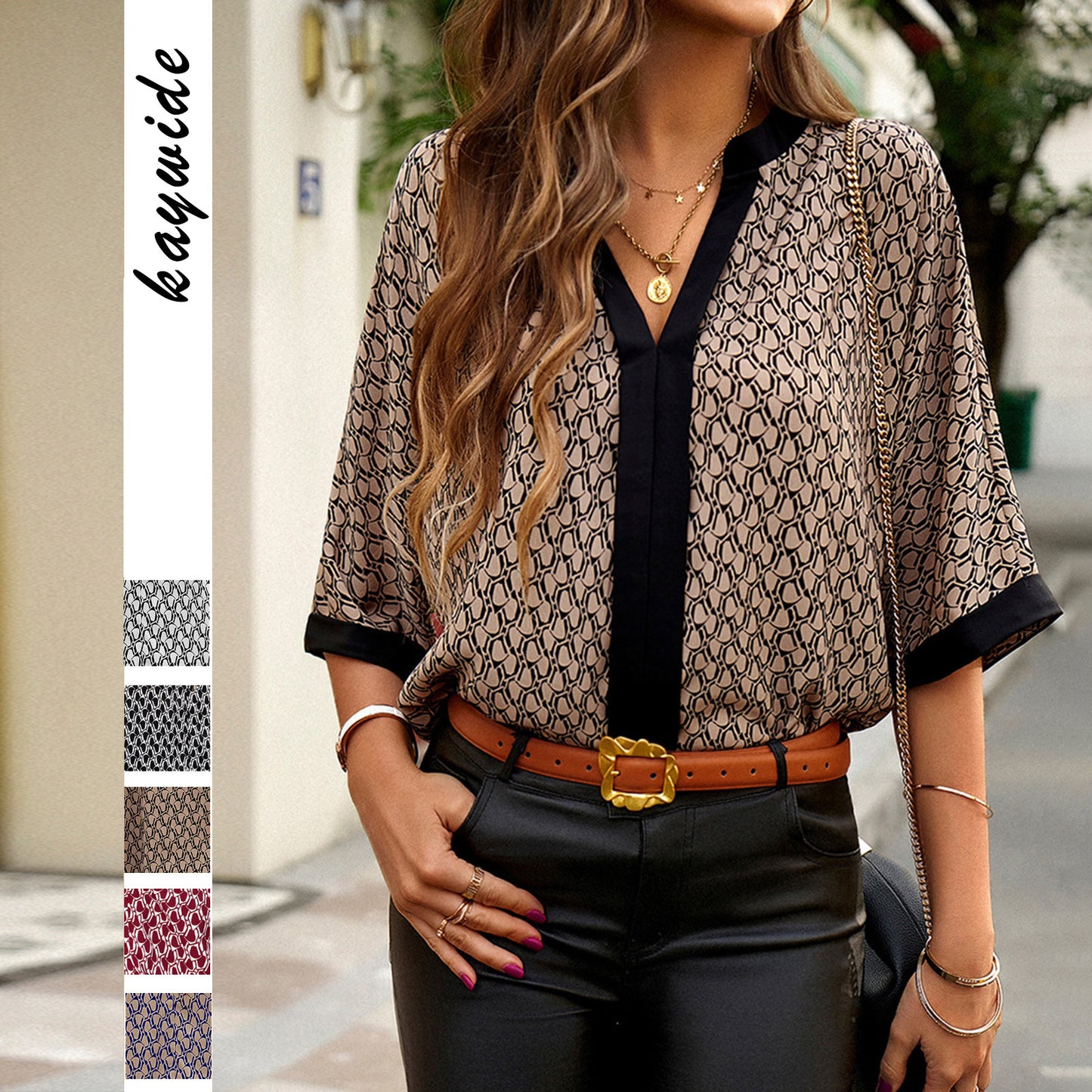 Dame elegant bluse med grafisk mønster og kontrastdetaljer Stilla