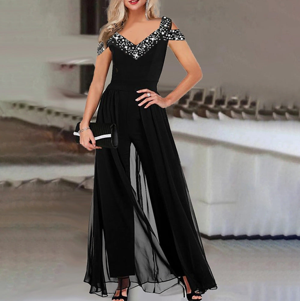Dame elegant Empire-liv jumpsuit med gennemsigtig overlay Stilla