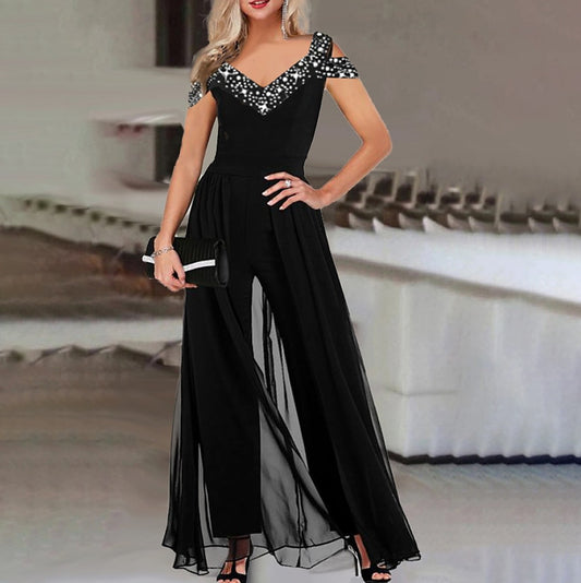 Dame elegant Empire-liv jumpsuit med gennemsigtig overlay Stilla