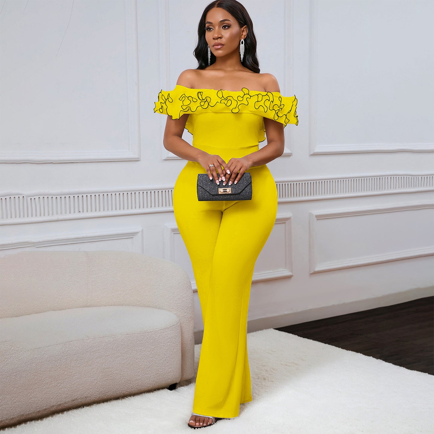 Dame Elegant Jumpsuit med raffinert Volant og bredt Ben Stilla