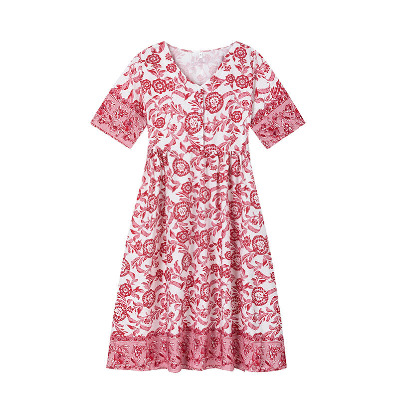 Dame Elegant Floral Trykt Kjole med V-Udskæring og Korte Ærmer Stilla