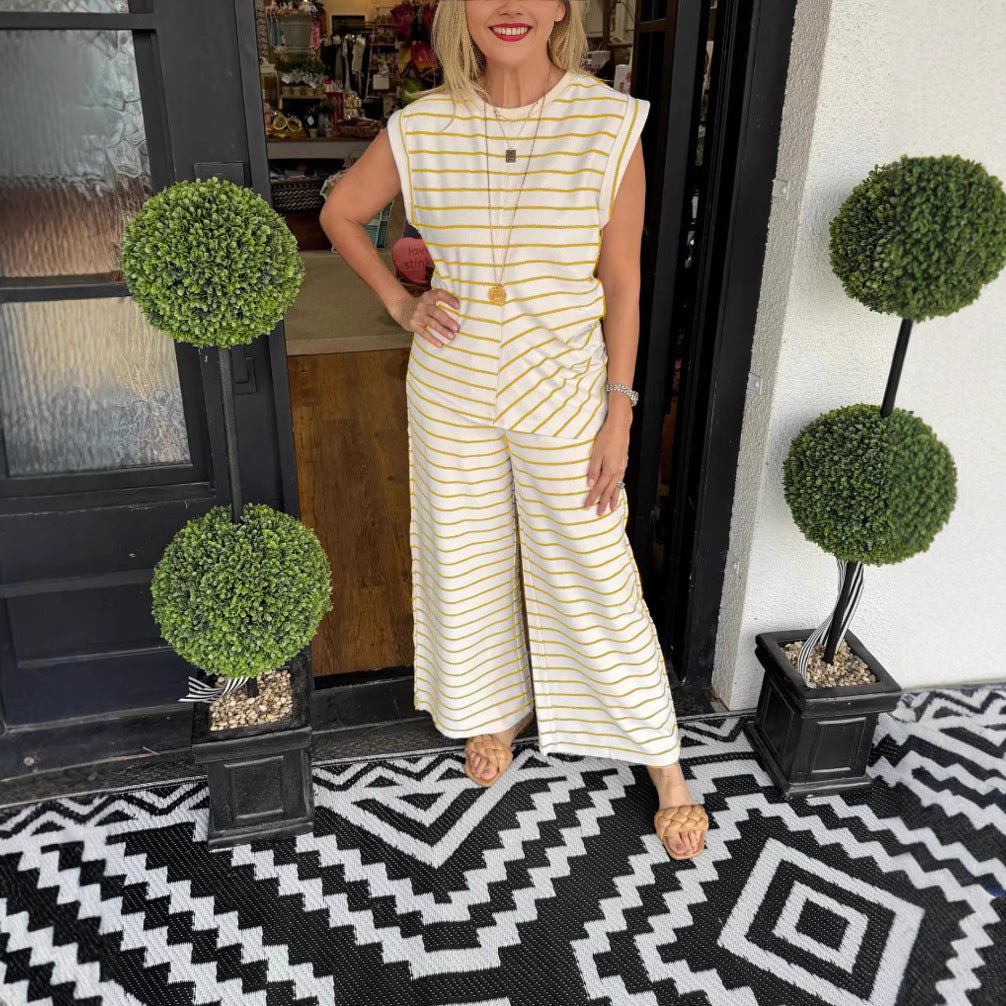 Dame stribet jumpsuit med bred ben og ærmeløst design Stilla