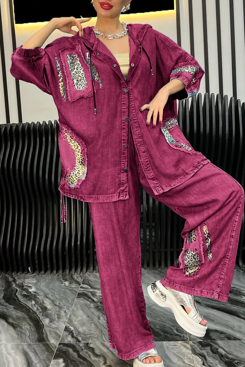 Dame afslappet denim sæt med hætte og dyreagtige accenter Stilla